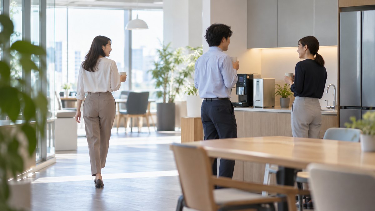昼、オフィスの給湯室で、30代の女性会社員がマグカップを手に、楽しそうに話す同僚2人に笑顔で会釈して通り過ぎる遠景。顔ははっきり写らない。文字は無い