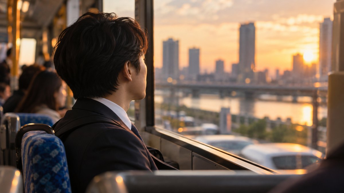 夕方、会社の帰りのバスの座席で、30代の男性会社員が窓の外の街並みをぼんやり見ている横からの近景。車内の人はぼやけている。顔ははっきり写らない。車内の文字は見えない