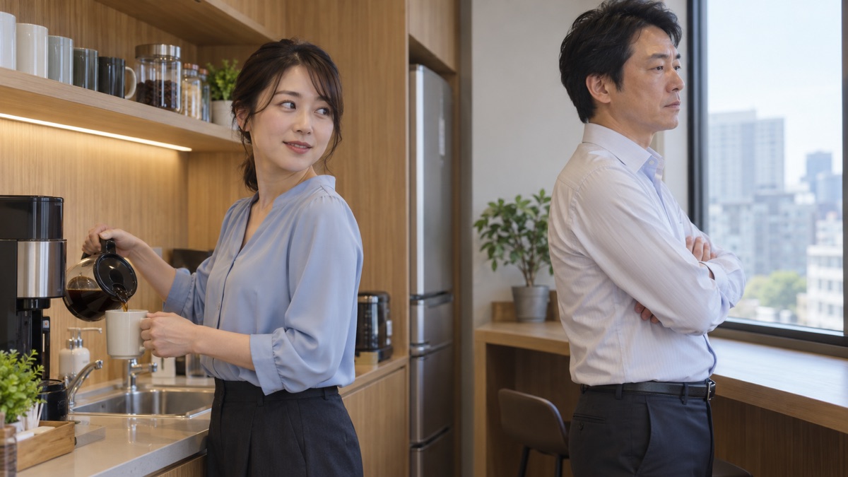 給湯室でコーヒーを注ぎながら、腕を組んで窓の外を見る同僚に気づく女性