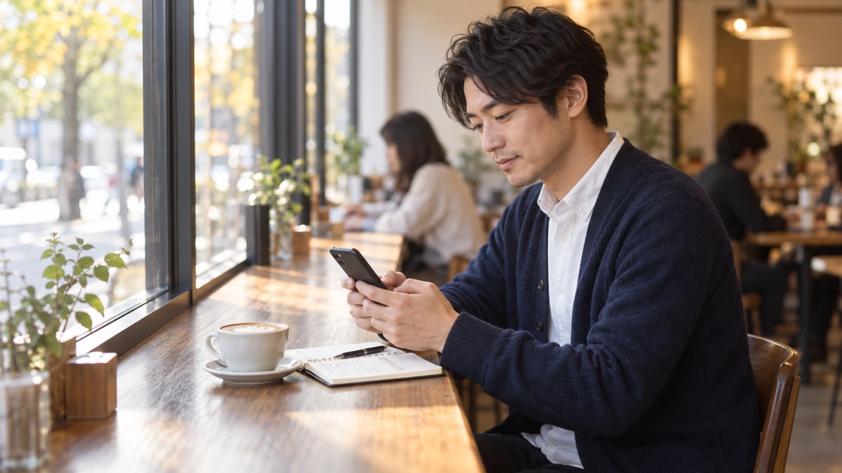 カフェのカウンターで、メモを見ながら仕事の報告をスマホで送る男性