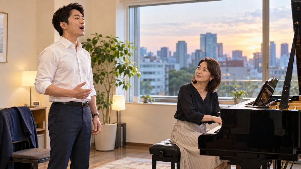仕事帰りの会社員がピアノの前の講師に声楽の発声を習う様子