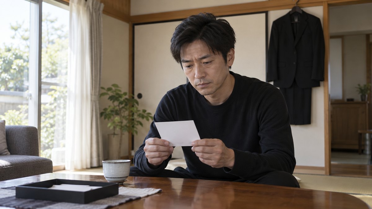 昼、葬儀の前日の自宅の居間で、喪服をハンガーに掛けた鴨居の下、40代の男性が座卓に置いたはがき大の白いカード1枚を手に取り、裏表を確かめている。部屋に写真立て・遺影・仏壇は無い。カードの文字は読めない