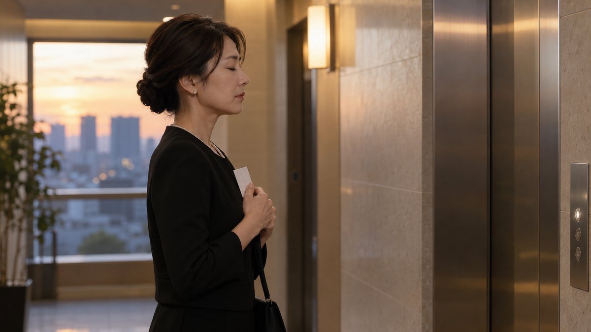 夕方、マンションのエレベーターホールで、喪服の40代の女性がエレベーターを待ちながら、手のひらほどの白いカードを胸の前で持ち、目を閉じてゆっくり息を吐いている横顔。カードや表示の文字は読めない