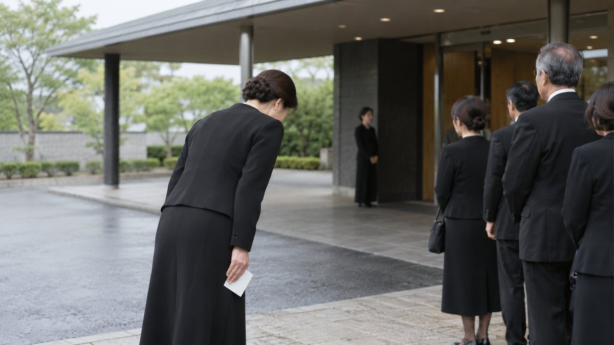 斎場の玄関前で、喪服の喪主の女性が白いカードを手に、並んだ参列者に向かって深く一礼している