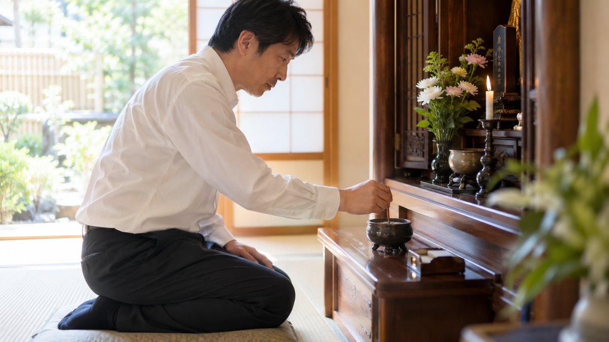 朝、自宅の和室で、白いシャツの40代の男性が小さな仏壇の前に正座し、新しい線香を1本立てようとしている手元と横顔。位牌や写真の文字・顔は写らない