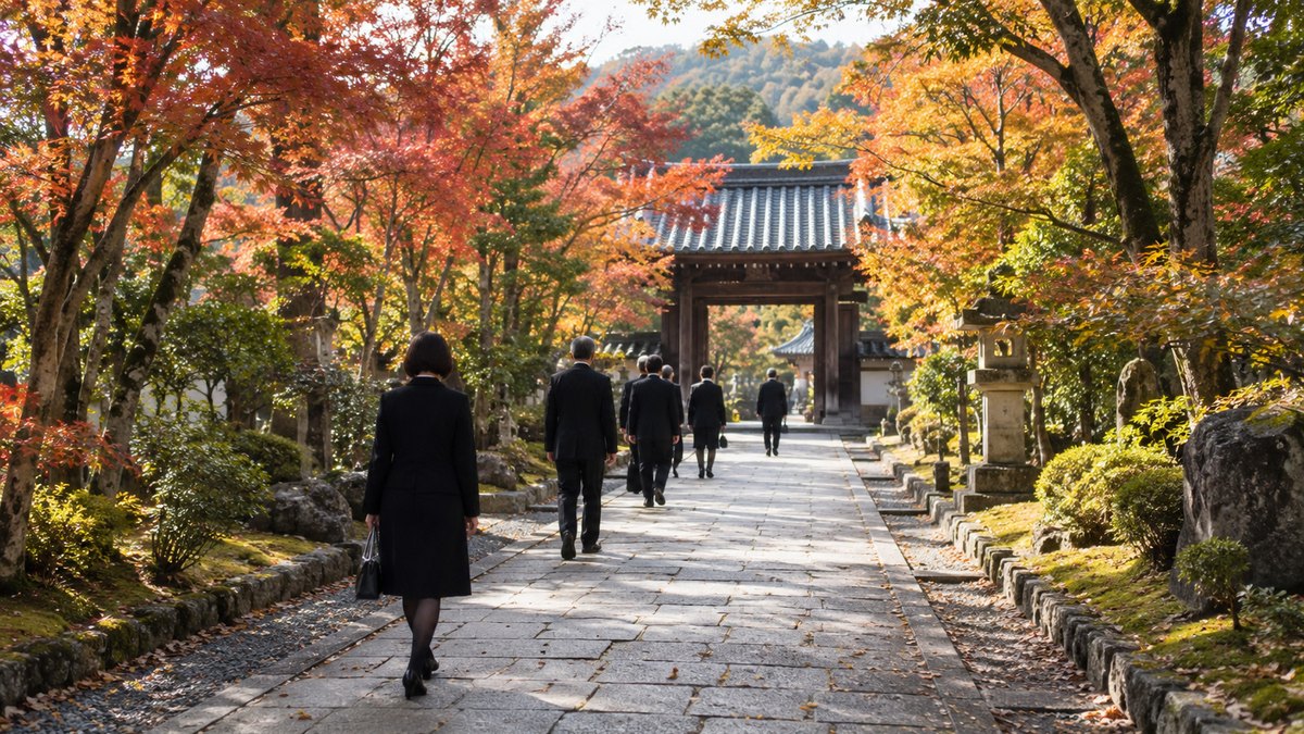 秋の昼、郊外の寺の山門へ続く石畳の参道を、喪服の参列者数人が間をあけて静かに歩いていく後ろ姿の遠景。紅葉した木々が両側にある。文字は写らない