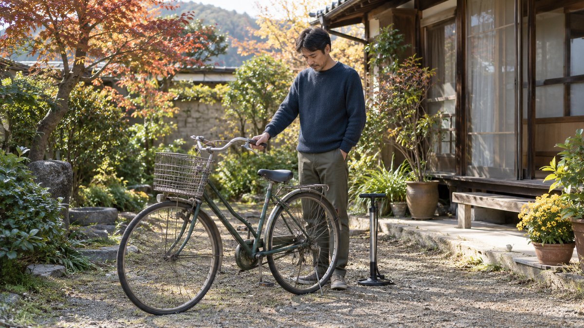 秋の昼、実家の庭先で、40代の息子が父の使っていた古い自転車のハンドルに手をかけ、空気入れを横に置いたまま、少し考えこむように立っている。顔は小さく写る