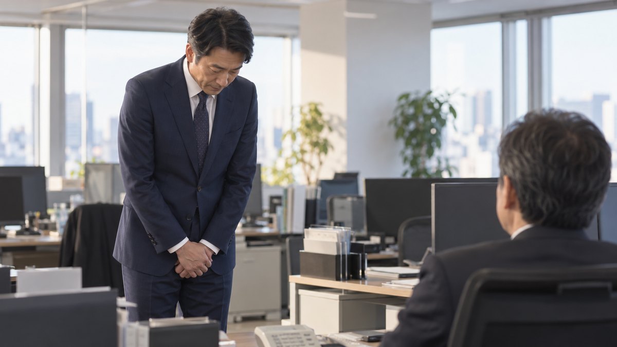 朝、始業前のオフィスで、紺のスーツの40代の男性が、上司の席の前に立ち、両手を体の前でそろえて静かに頭を下げている。パソコンの画面や掲示の文字は見えない
