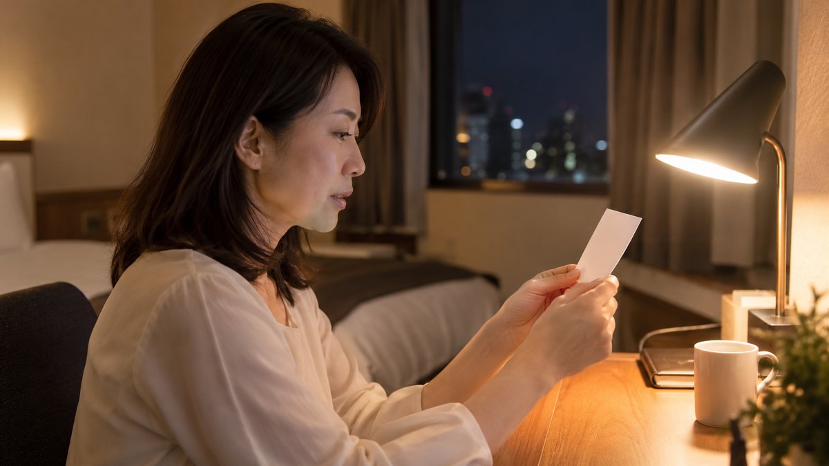 夜、ビジネスホテルの小さな机の電気スタンドの下で、40代の女性が白いカードを1枚持ち、声に出さずに口だけ動かして読んでいる横顔。カードの文字は読めない