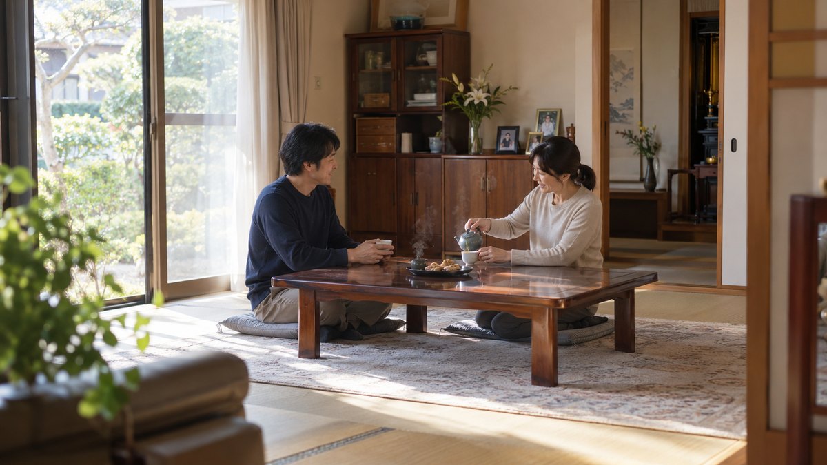 葬儀の翌日の昼、片付いた実家の居間で、普段着の40代の兄と妹が座卓をはさんで座り、湯気の立つ急須からお茶をつぎ合いながら、ほっとした顔で話している。顔は小さく写る