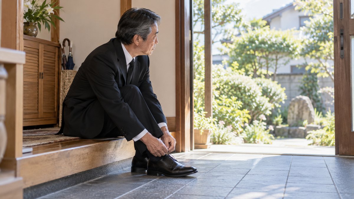 昼、自宅の玄関の上がりかまちに腰かけた喪服の60代の男性が、黒い革靴のひもを結びながら、玄関の外の明るい庭の方を見ている横顔