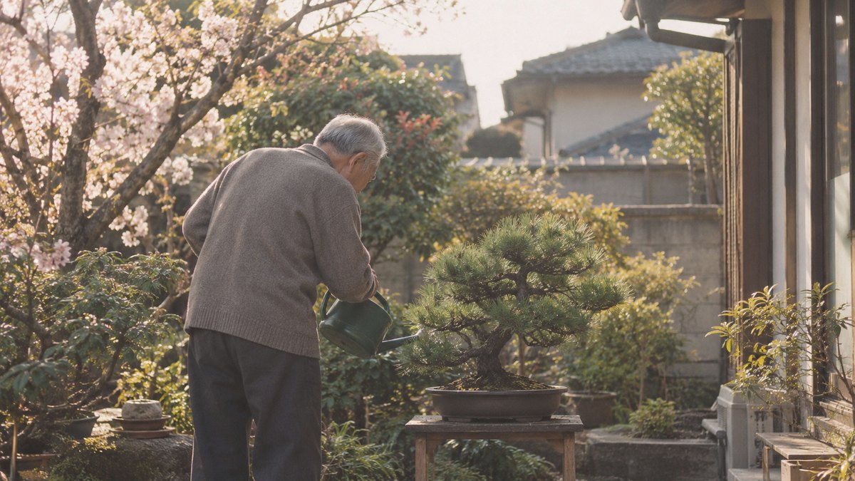 春の朝、住宅街の小さな庭で、70代の男性が自分で育てた盆栽の松に、背を丸めてじょうろで静かに水をやっている後ろ姿。少し古い写真のような色合い