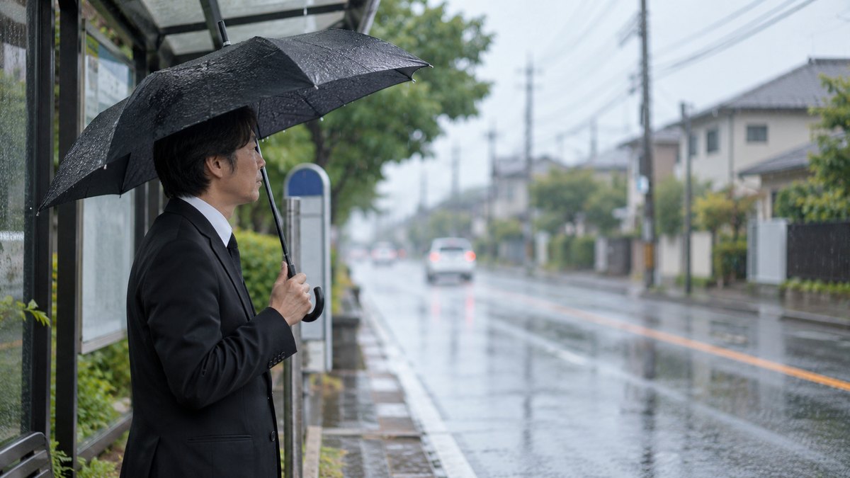 雨の朝、住宅街のバス停で、喪服の40代の男性が黒い傘をさしてバスを待ちながら、通りの向こうを静かに見ている横顔。標識や時刻表の文字は読めない