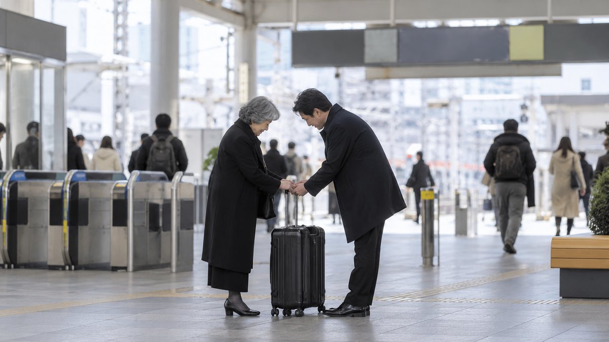冬の昼、駅の改札を出たところで、喪服の上に黒いコートを着た60代の女性と、迎えに来た40代の男性が、旅行かばんを受け渡しながら軽く頭を下げ合っている。顔は小さく写る。案内表示の文字は読めない