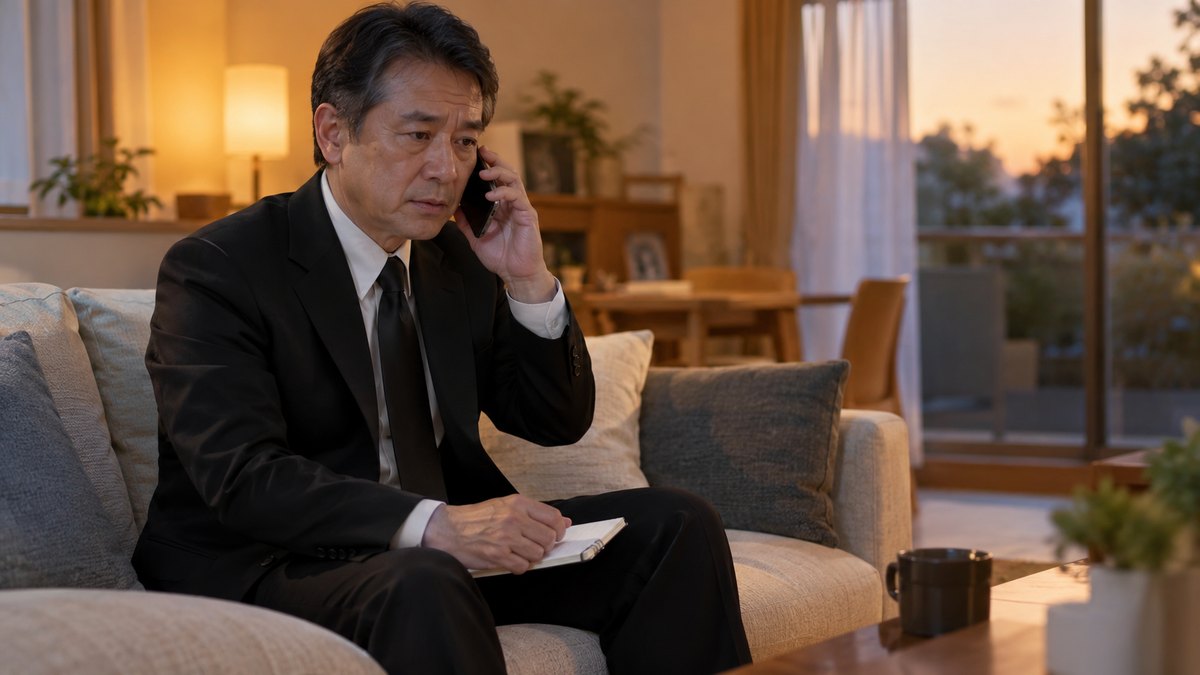 夕方、自宅の居間で、喪服の50代の男性がソファに座り、スマートフォンを耳に当てて話しながら、もう片方の手で小さなメモ帳を膝に押さえている。画面とメモの文字は読めない