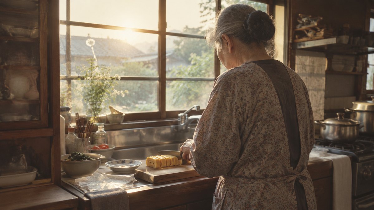 早朝、古い一軒家の台所で、70代の女性がまな板の上で卵焼きを切り分け、窓から朝日が差し込んでいる後ろ姿。少し古い写真のような色合い