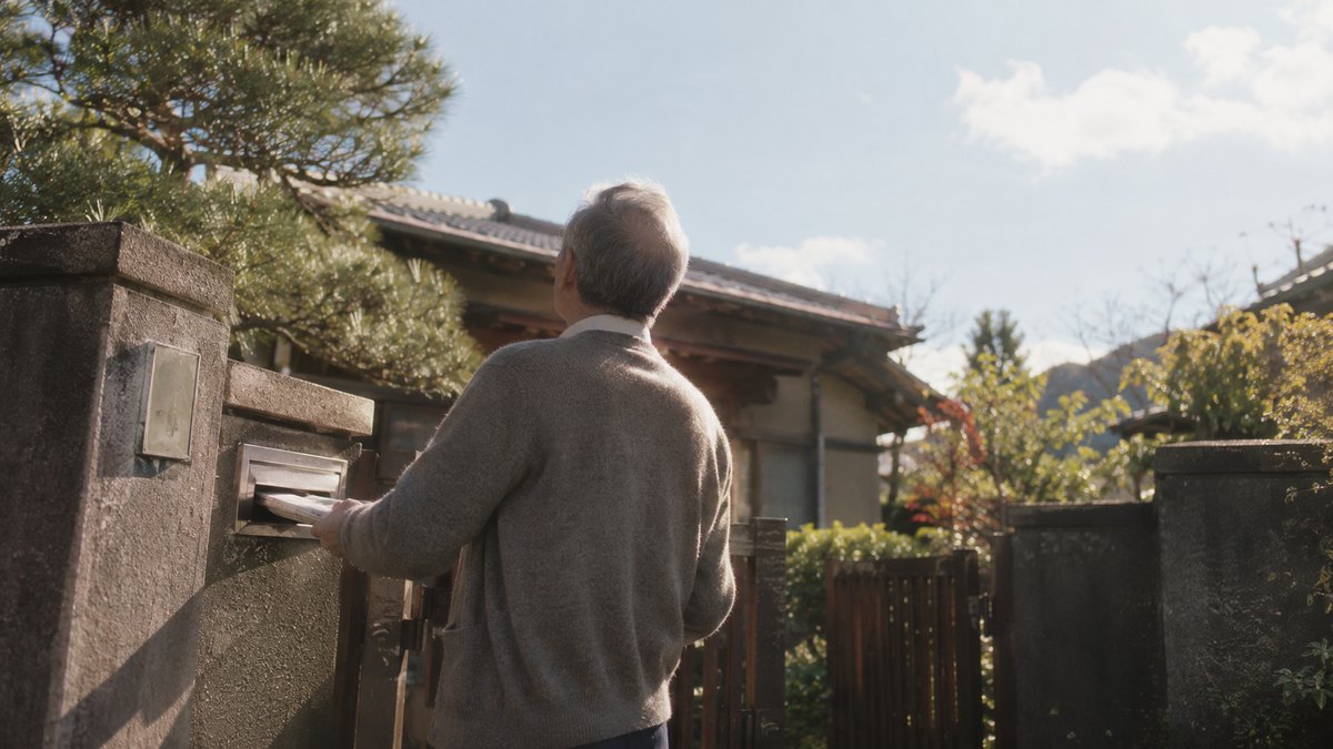 朝、古い一軒家の門の前で、カーディガン姿の70代の男性が郵便受けから新聞を取り出しながら、晴れた空を見上げている後ろ姿。少し古い写真のような色合い。表札や新聞の文字は読めない