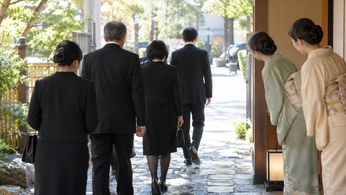 昼、料亭の玄関の石畳で、喪服の親族数人が、着物の仲居に見送られて外の明るい通りへ出ていく後ろ姿。暖簾や看板の文字は写らない
