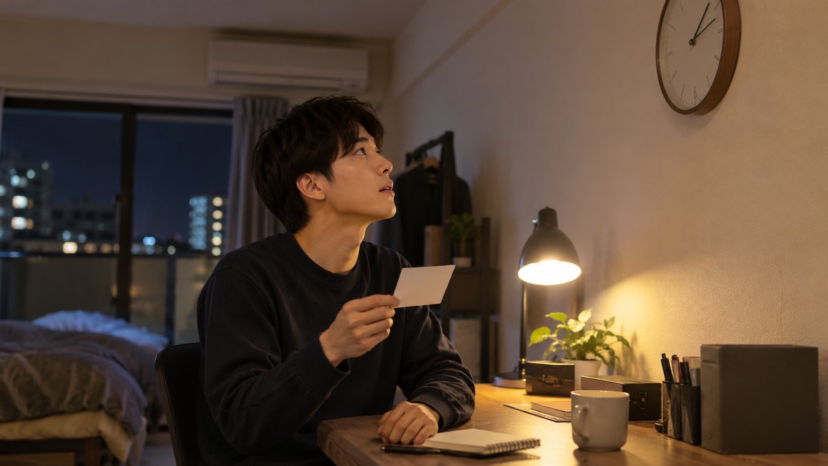 夜、ワンルームのアパートの小さな机で、20代の男性が白いカード1枚を手に持ち、壁の時計を見上げながら小声で読む練習をしている。部屋に写真立ては無い。カードや時計の数字は読めない