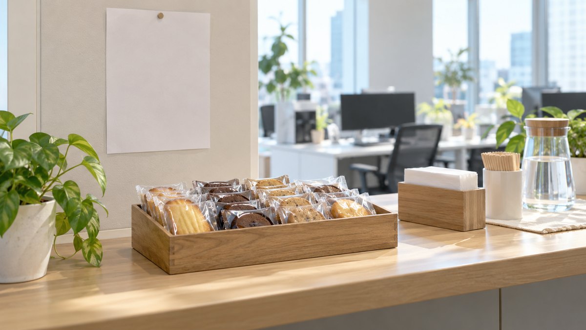 朝、オフィスの共用の小さなカウンターに、個包装の焼き菓子が並んだ箱が1つ置かれている。人は写らない。箱や掲示の文字は無い
