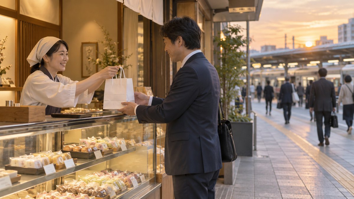 夕方、駅前の和菓子店のショーケースの前で、紺のスーツの40代の男性が、店員から個包装の菓子の入った紙袋を両手で受け取っている。顔は小さく写る。値札や看板の文字は読めない