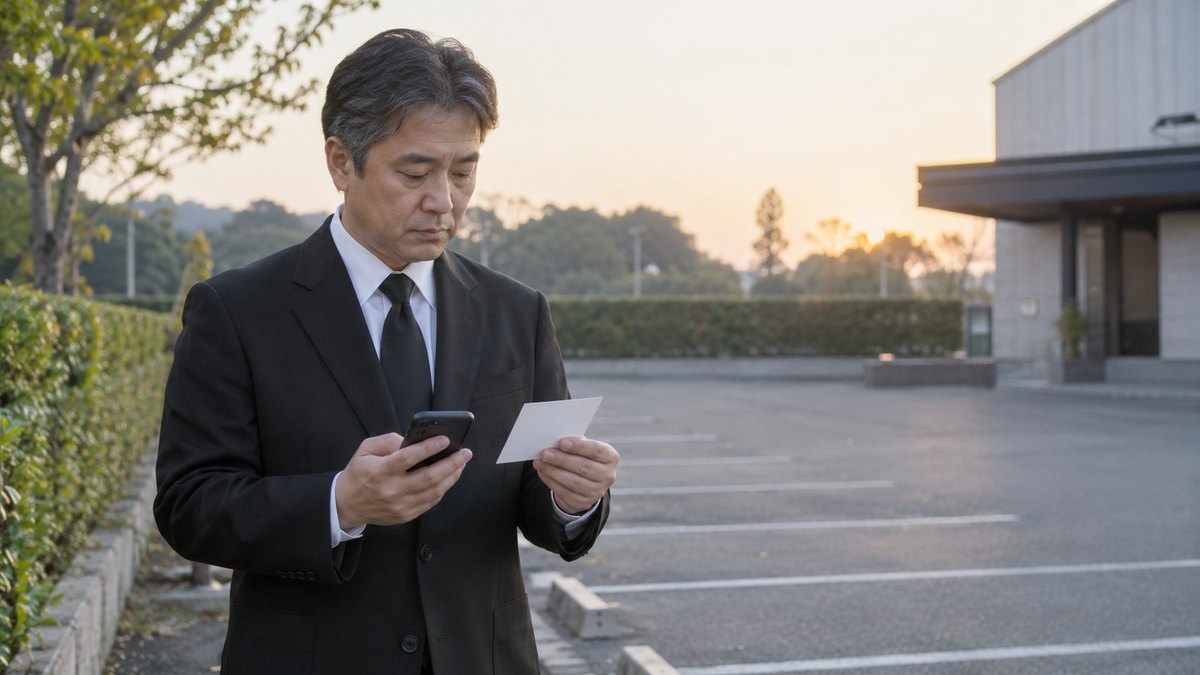 早朝、斎場の裏手の人のいない駐車場の端で、喪服の50代の男性がスマートフォンのストップウォッチを片手に、白いカードを見ながら小声で読んでいる。画面とカードの文字は読めない