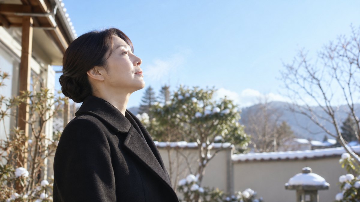 冬の朝、自宅の庭先で、喪服の上に黒いコートを羽織った40代の女性が、白い息を吐きながら空を見上げ、ゆっくり深呼吸をしている横顔