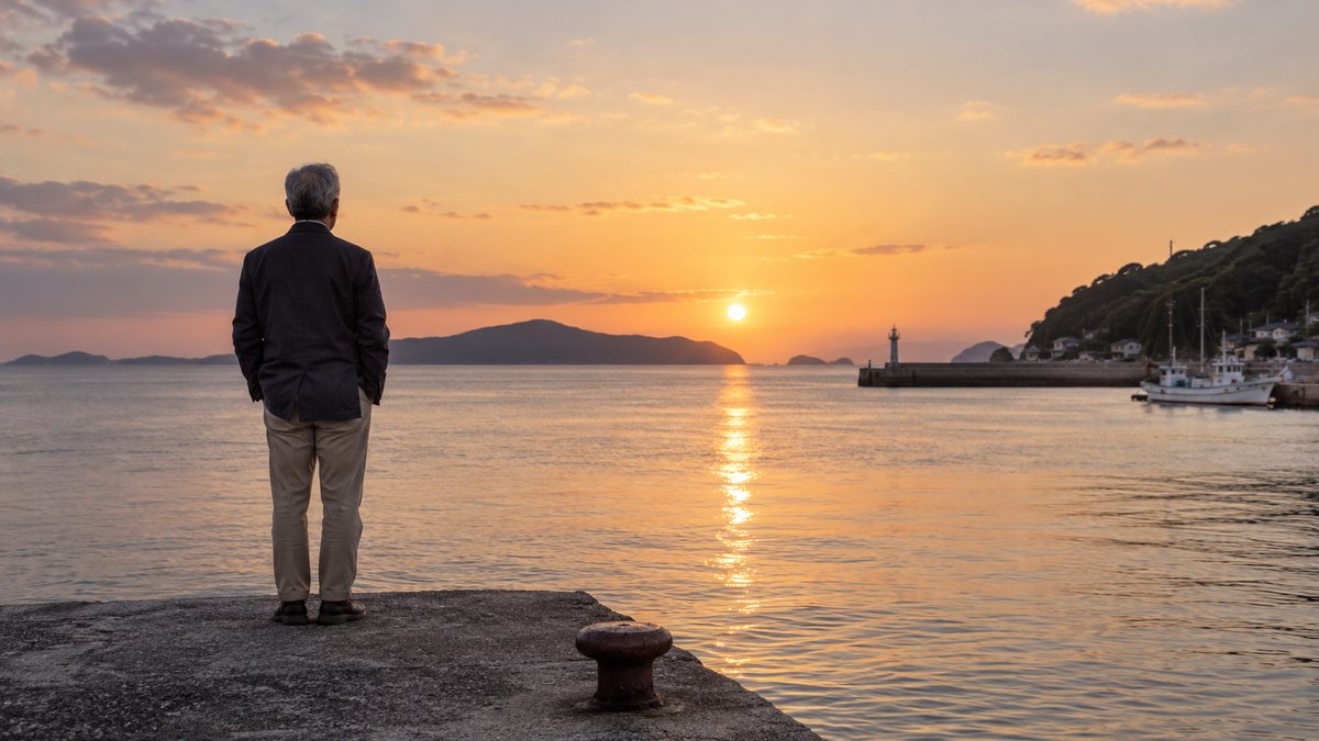 夕方、海沿いの小さな漁港の防波堤の先で、ジャケット姿の60代の男性が一人で立ち、穏やかな海を眺めている後ろ姿。文字は写らない