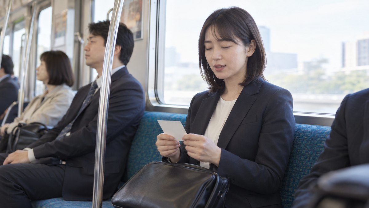 朝、通勤電車の座席で、スーツ姿の30代の女性が膝の上の白いカードを両手で持ち、目を閉じて小さく口を動かしている。窓の外は明るい。カードや車内広告の文字は読めない