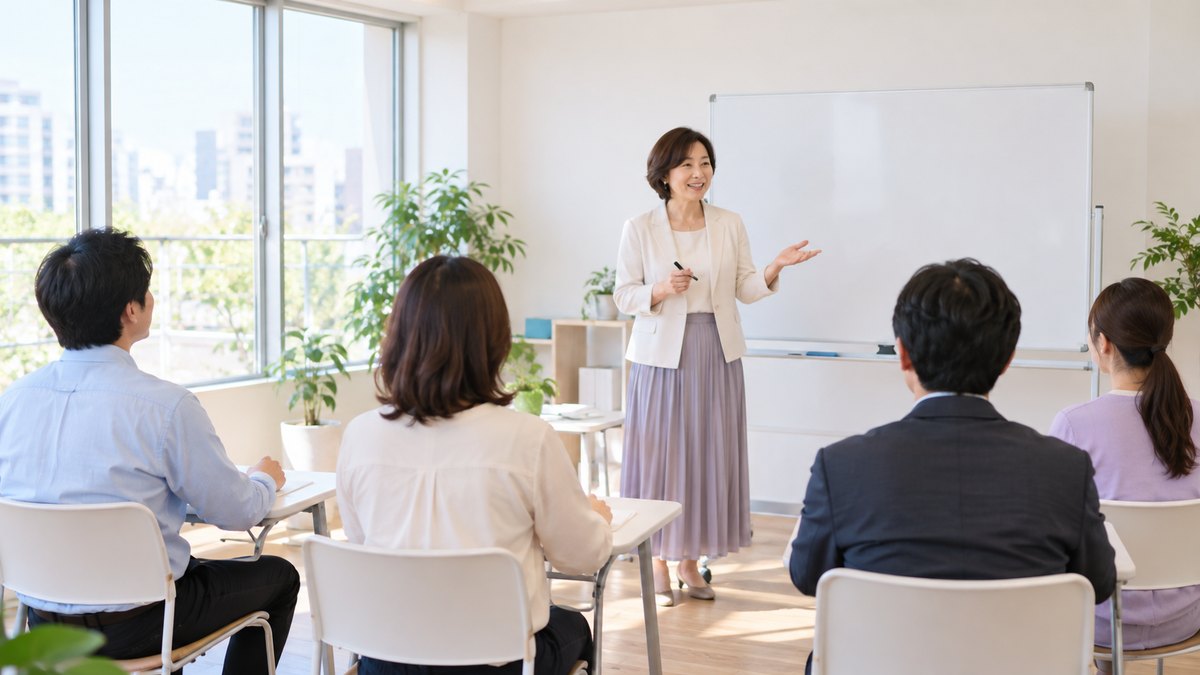 昼、街なかの小さな話し方教室の明るい一室で、50代の女性講師がホワイトボードの前に立ち、椅子に座った4人の社会人の受講者に笑顔で話しかけている遠景。顔ははっきり写らない。ホワイトボードの文字は見えない