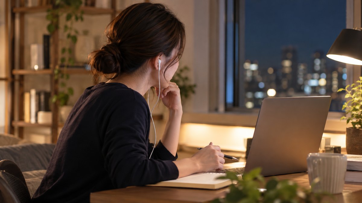 夜、自宅の書斎の机で、30代の女性会社員がノートパソコンに向かってイヤホンをつけ、画面越しの講師と1対1のオンラインレッスンを受けながらうなずいている近景。パソコンの画面は見えない角度。顔ははっきり写らない。文字は無い