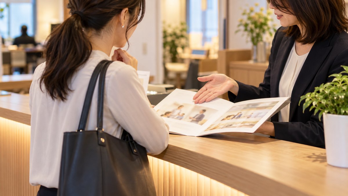 夕方、話し方教室の受付カウンターの前で、30代の女性会社員が受付の40代の女性スタッフからパンフレットの説明を受けている近景。パンフレットの文字は読めない。顔ははっきり写らない。文字は無い