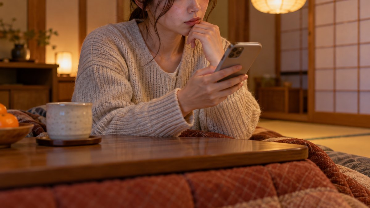 夜、木造の一戸建ての居間のこたつで、30代の女性会社員がスマホで調べものをしながら、少し考え込むように眉を寄せている近景。障子と畳、吊り下げ照明の暖かい光。窓の外の景色は写さない。スマホの画面は見えない。顔ははっきり写らない。文字は無い
