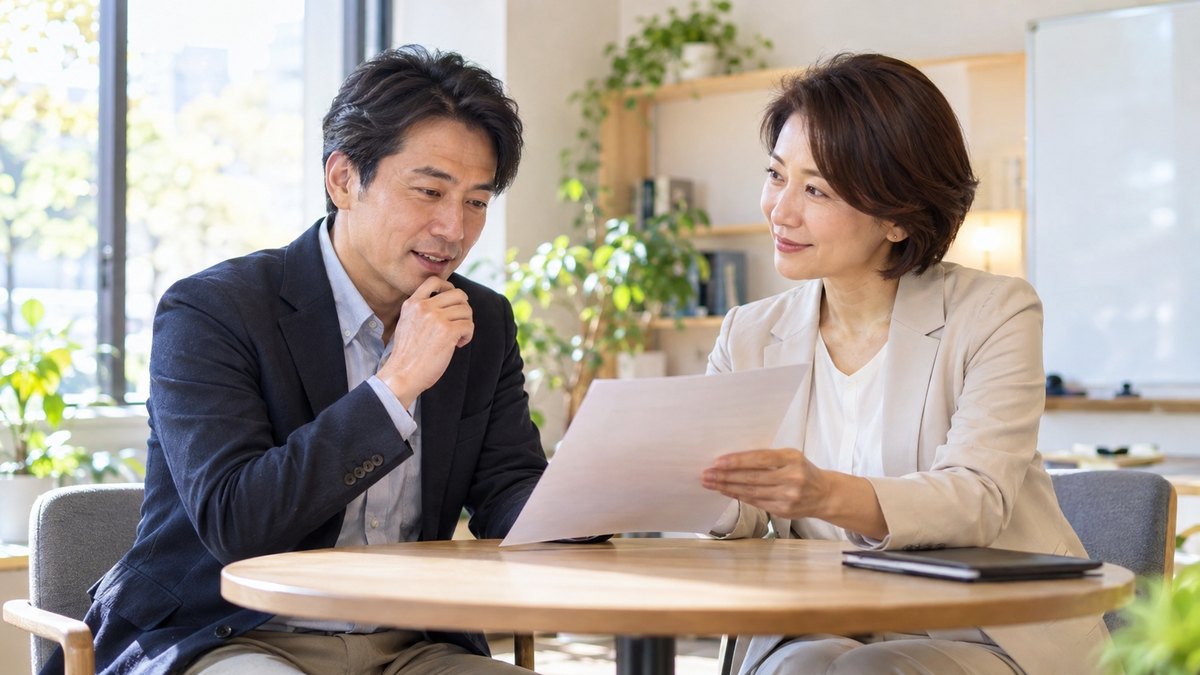 明るい話し方教室で、女性講師と1枚の紙を見せ合いながら相談する40代の男性会社員
