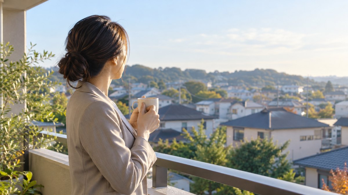 平日の朝、低い家並みが見える自宅マンションのベランダで、出勤前の40代の女性会社員がマグカップを手に、考えごとをしながら遠くを見ている近景。高層ビルは写さない。顔ははっきり写らない。文字は無い