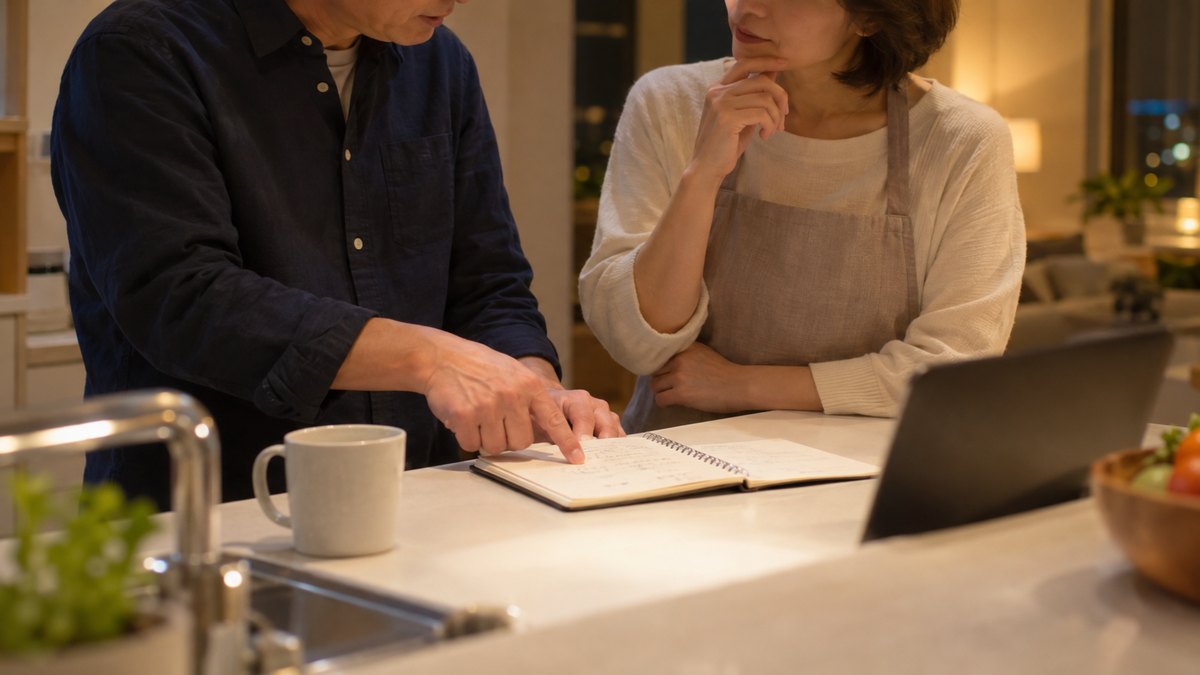 夜、自宅のキッチンカウンターで、50代の夫婦が並んで立ち、夫がノートに書いた数字を指さしながら習い事の費用を妻に相談している近景。ノートの文字は読めない。顔ははっきり写らない。文字は無い
