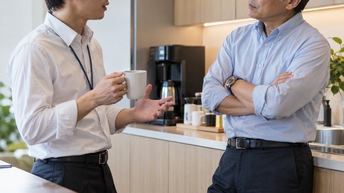 昼休み、オフィスの小さな給湯室で、30代の男性会社員がマグカップを手に、同じ部署の50代の男性の先輩に相談し、先輩が腕を組んでうなずきながら聞いている近景。窓の景色は写さない。顔ははっきり写らない。文字は無い