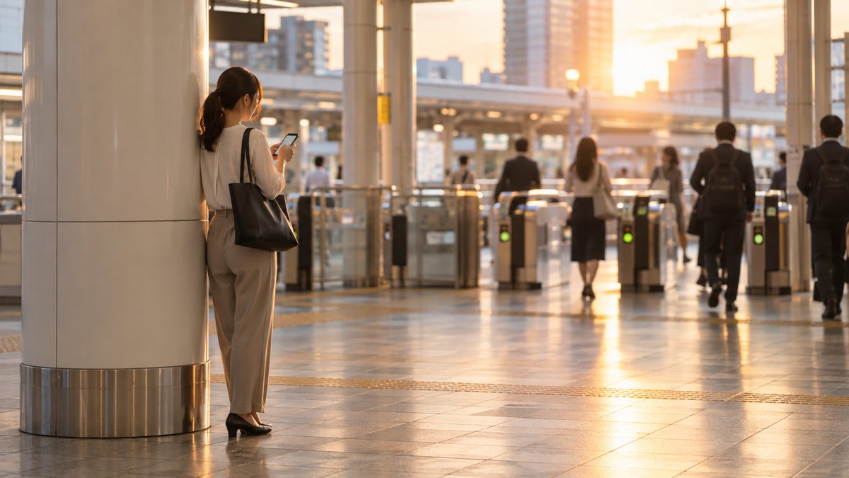 夕方、駅の改札の近くの柱のそばで、体験レッスン帰りの30代の女性会社員が立ち止まり、スマホに感想を打ち込んでいる遠景。スマホの画面は見えない。顔ははっきり写らない。駅の表示の文字は見えない