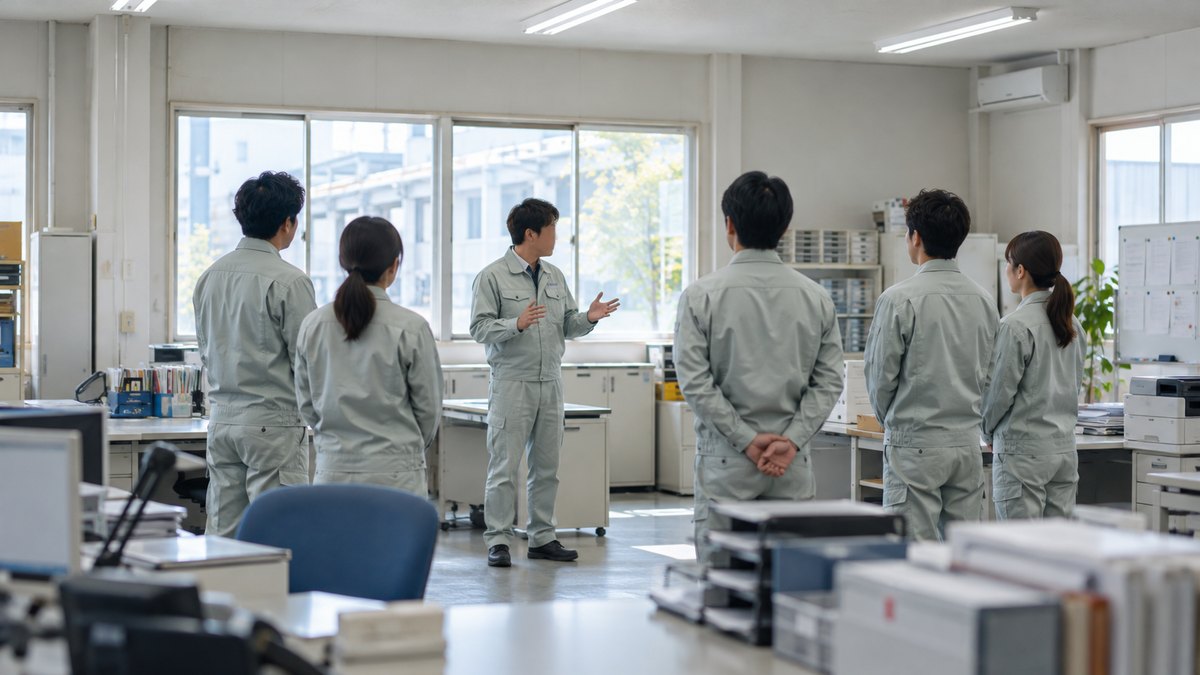 朝の始業前、工場の事務所で、作業服を着た40代の男性班長が5人の作業員の前に立ち、手元のメモを見ずに短い連絡を話している遠景。顔ははっきり写らない。掲示物や機械の文字は見えない