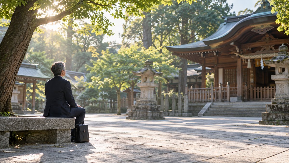 早朝、静かな神社の境内の石畳で、出勤前の50代の男性会社員がかばんを足元に置き、目を閉じてゆっくり息を吐いている遠景。木々と朝の光。顔ははっきり写らない。文字は無い