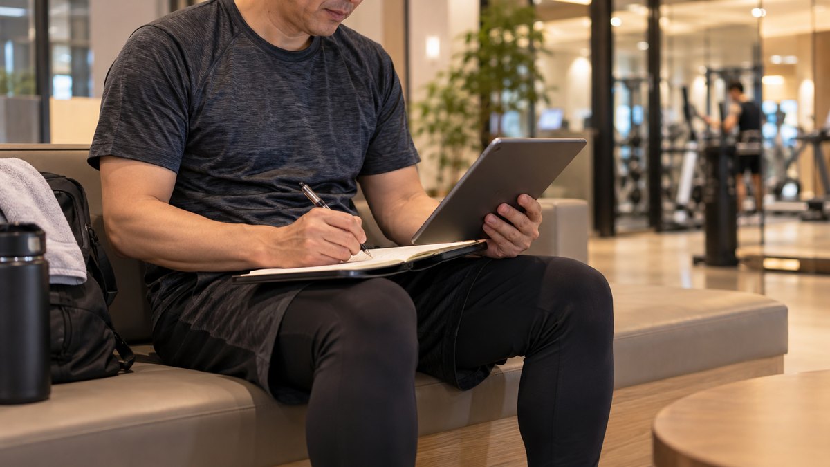 平日の夜、スポーツジムのロビーのベンチで、運動着の40代の男性がタブレットを見ながら手帳に来月の予定を書き込んでいる近景。タブレットの画面と手帳の文字は見えない。顔ははっきり写らない。文字は無い