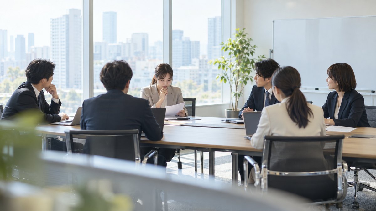 午前、オフィスの会議室で、長机を囲む6人の会議の中、30代の女性会社員が発言を求められて手元の資料に目を落とし、言葉を探している遠景。顔ははっきり写らない。資料やホワイトボードの文字は見えない