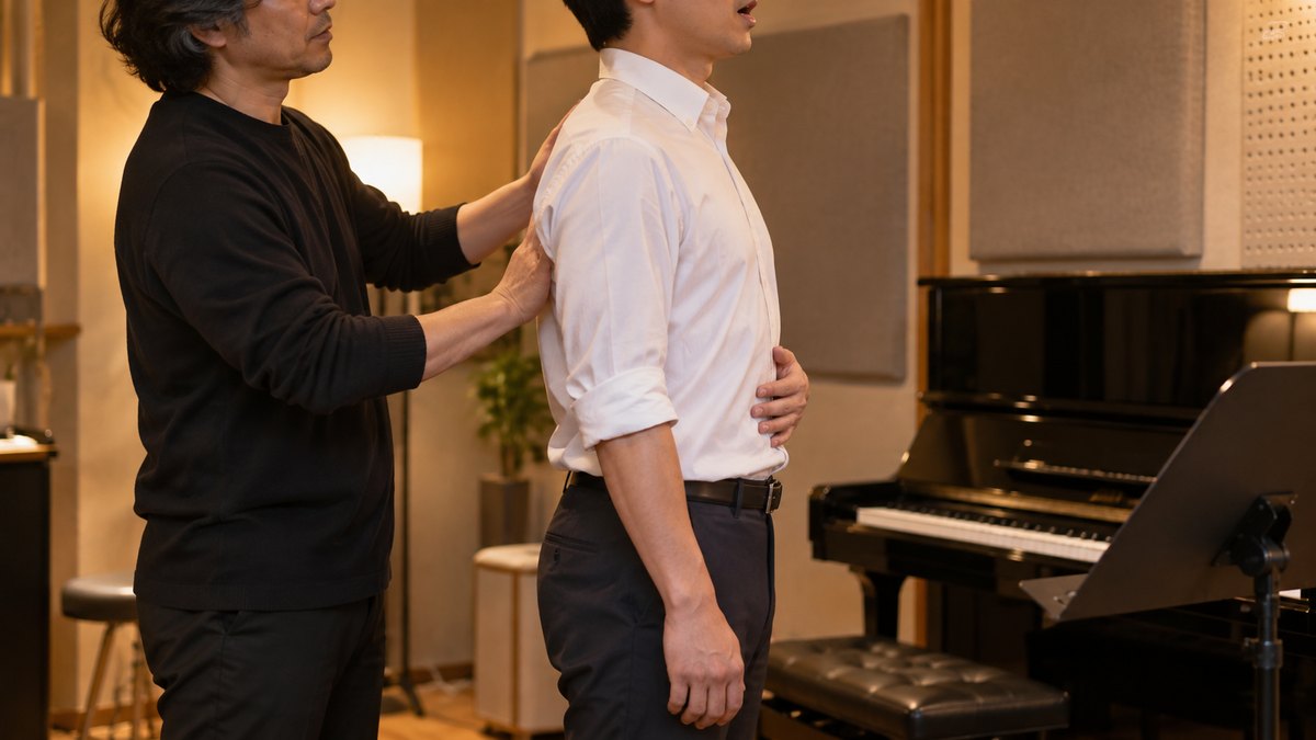 夕方、窓のない地下のボイストレーニングスタジオで、防音の壁とアップライトピアノのそばに30代の男性会社員が立ち、40代の男性講師に背中に手を当てて姿勢を直してもらいながら声を出している近景。暖色の照明。高層ビルや窓の景色は写さない。顔ははっきり写らない。楽譜や掲示物の文字は見えない