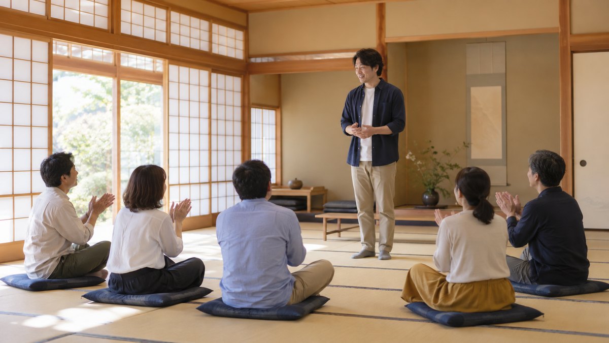 土曜の午前、地域の公民館の畳の和室で、30代から50代の社会人6人が座布団に座って半円になり、その中の40代の男性が立ち上がって短く話し、ほかの人が拍手している遠景。障子越しのやわらかい光。高層ビルは写さない。顔ははっきり写らない。掲示物の文字は見えない