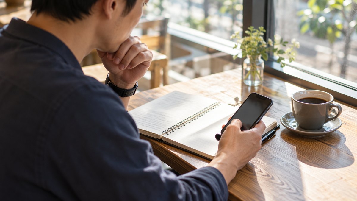 休日の午後、カフェの窓ぎわの席で、30代の男性がコーヒーを横に置き、スマホとノートを並べて教室の料金を見比べながら電卓アプリで計算している近景。スマホの画面とノートの文字は見えない。顔ははっきり写らない。文字は無い