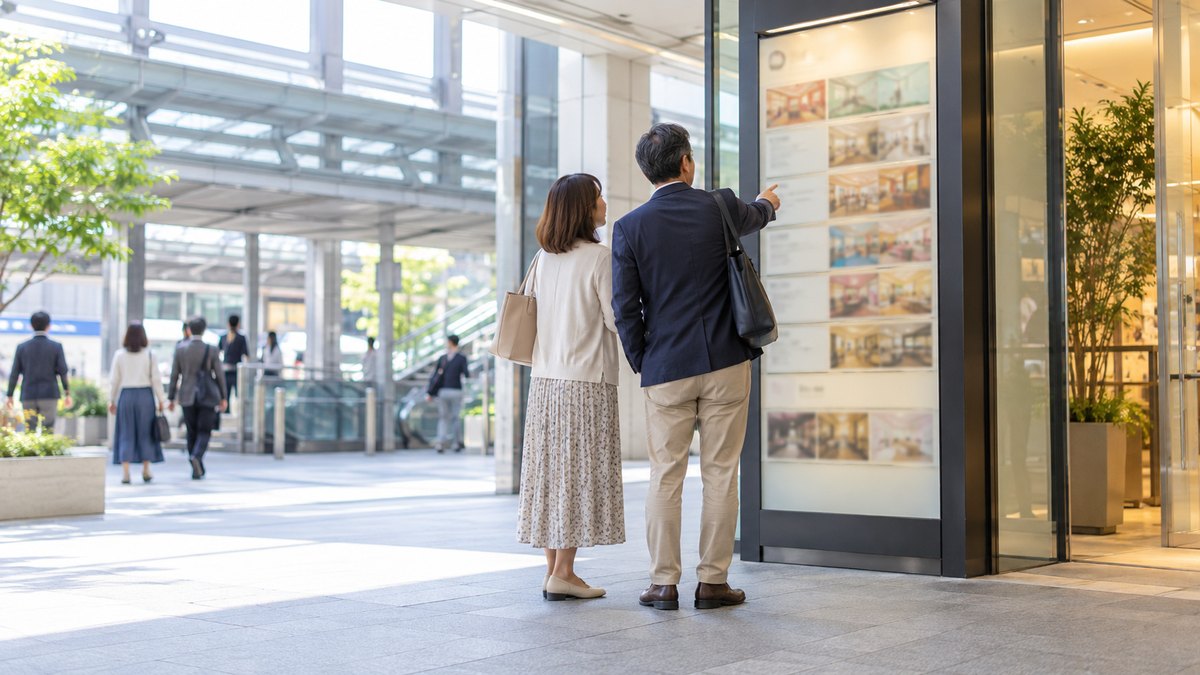 休日の昼、駅前の商業ビルの案内板の前で、40代の夫婦が並んで立ち、カルチャーセンターの階を探して指さしている遠景。案内板の文字は見えない。顔ははっきり写らない。文字は無い