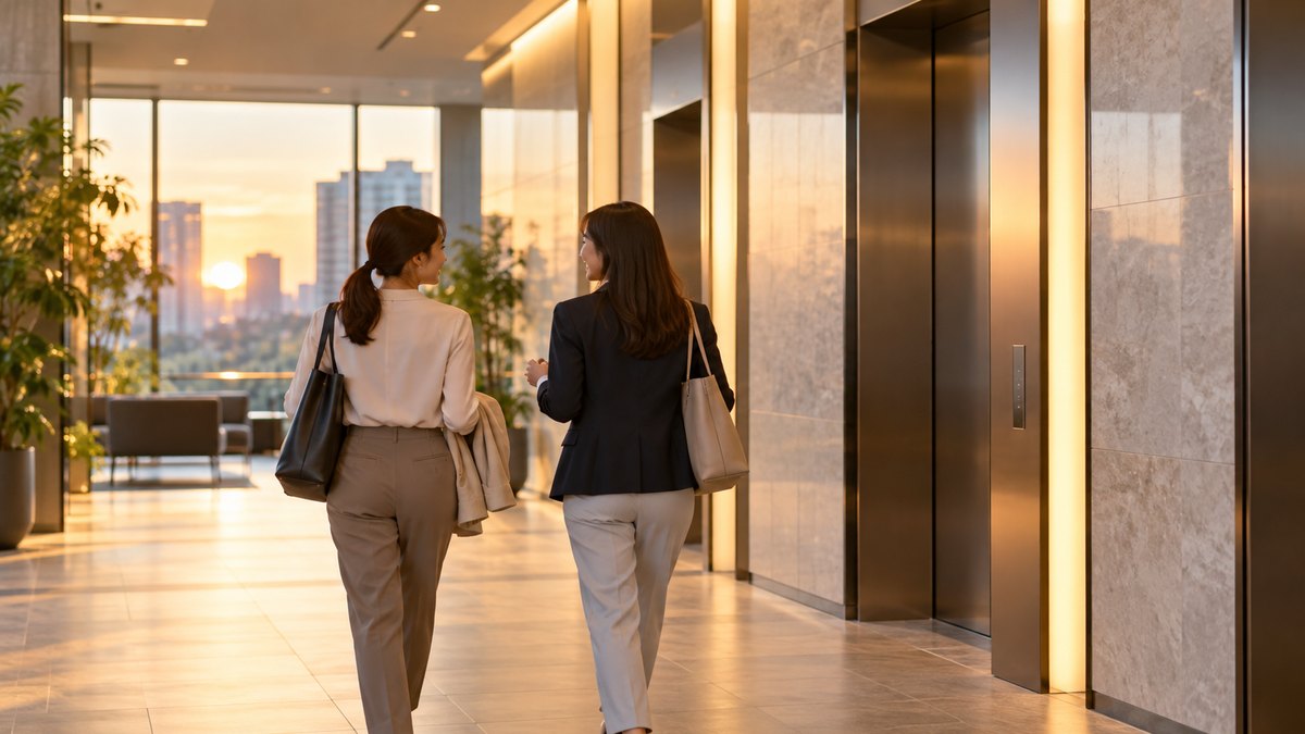 夕方、オフィスビルのエレベーターホールで、会議を終えた30代の女性会社員が同僚の女性と並んで歩きながら、ほっとした笑顔で話している遠景。顔ははっきり写らない。案内表示の文字は見えない
