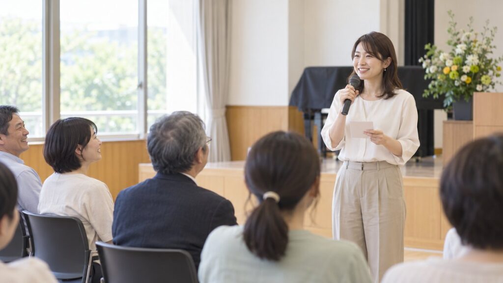 市民会館のホールで、会の終わりに女性がマイクとメモカードを手に、笑顔で参加者に閉会の挨拶をしている