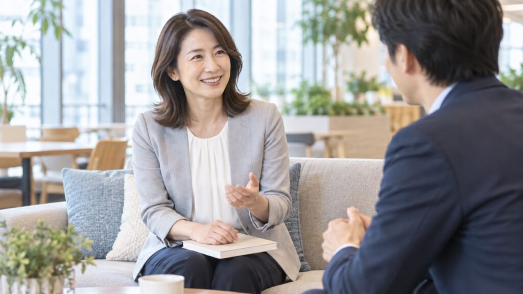 オフィスのラウンジのソファで、本を膝に置いて同僚と笑顔で話す女性会社員