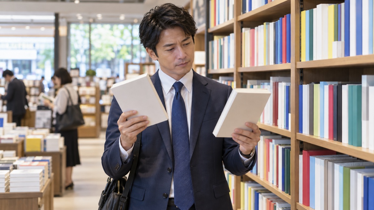 書店のビジネス書の棚の前で、コミュニケーション能力の本を2冊見比べる男性会社員